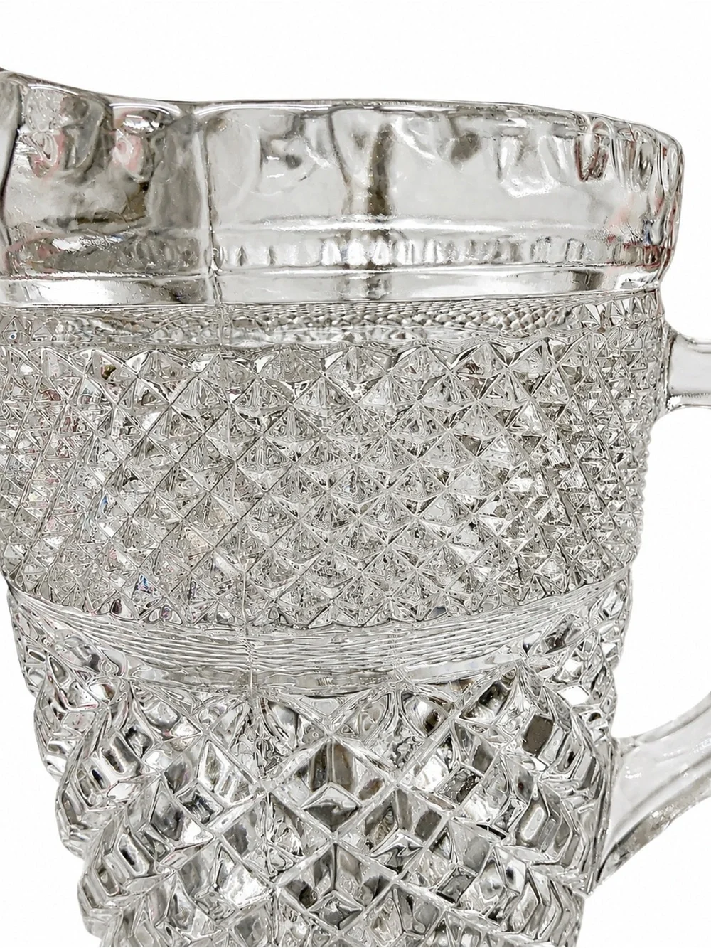 Vintage Clear Pressed Glass Diamond Point Water Pitcher Starburst Base 9”